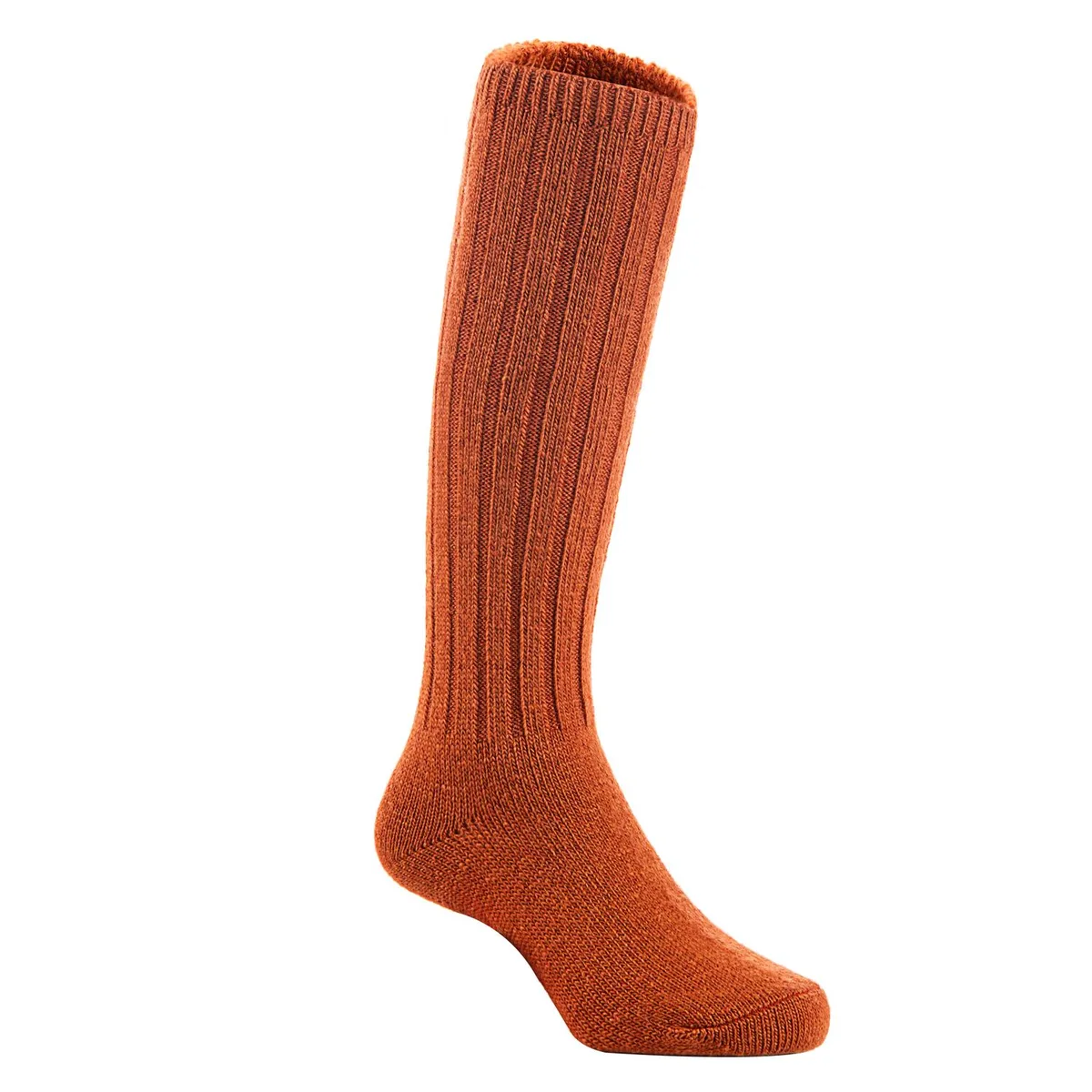 Pair of brown knee-high wool socks, folded flat, textured knit visible