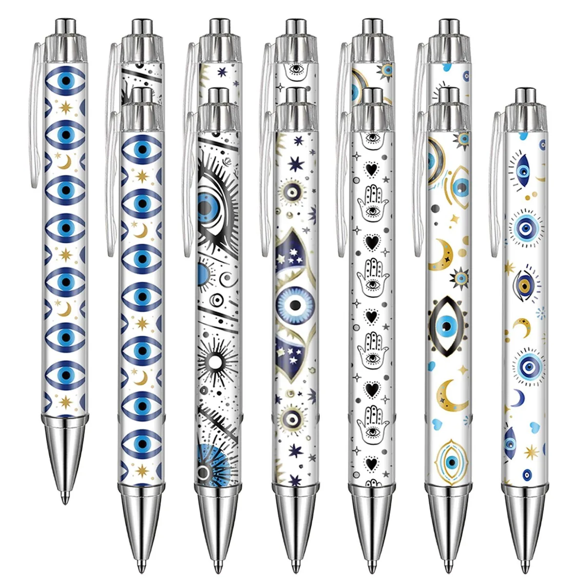Twelve retractable ballpoint pens with evil eye patterns in mixed colours
