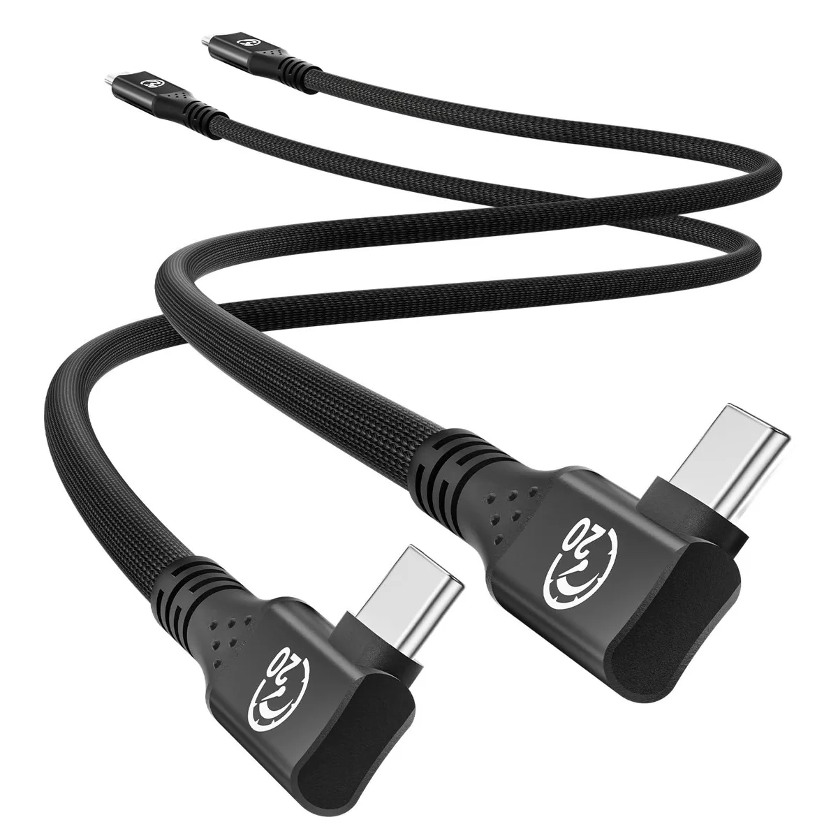 Two black right-angle USB-C cables coiled together, braided jacket, 1 ft each