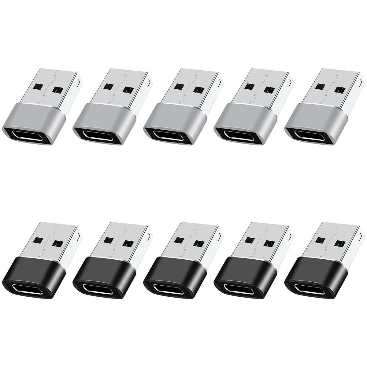 Ten grey and black USB-A to USB-C adapters, each 0.83 by 0.59 by 0.27 inches