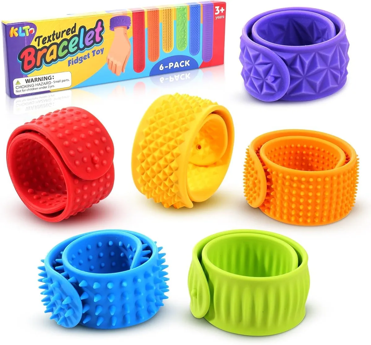 Six textured silicone slap bracelets in assorted patterns