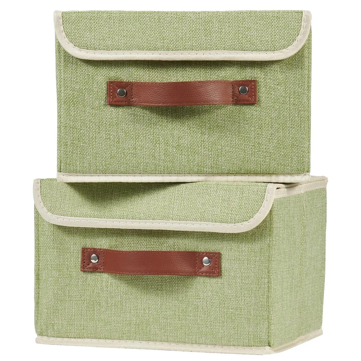 Two beige fabric storage bins with lids and brown leather handles, stacked on a shelf