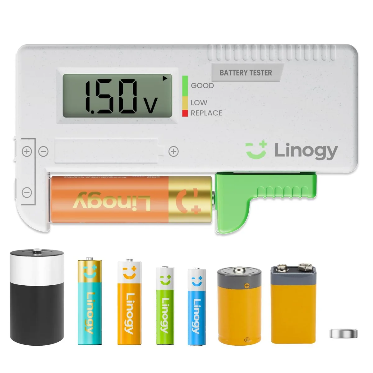 Compact rectangular battery tester with LCD screen and adjustable contacts for AA AAA C D 9V button cells