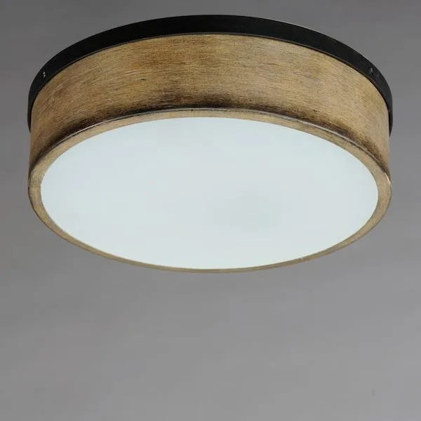 Rustic flush mount with distressed wood and black metal arms, candle covers, satin white diffuser