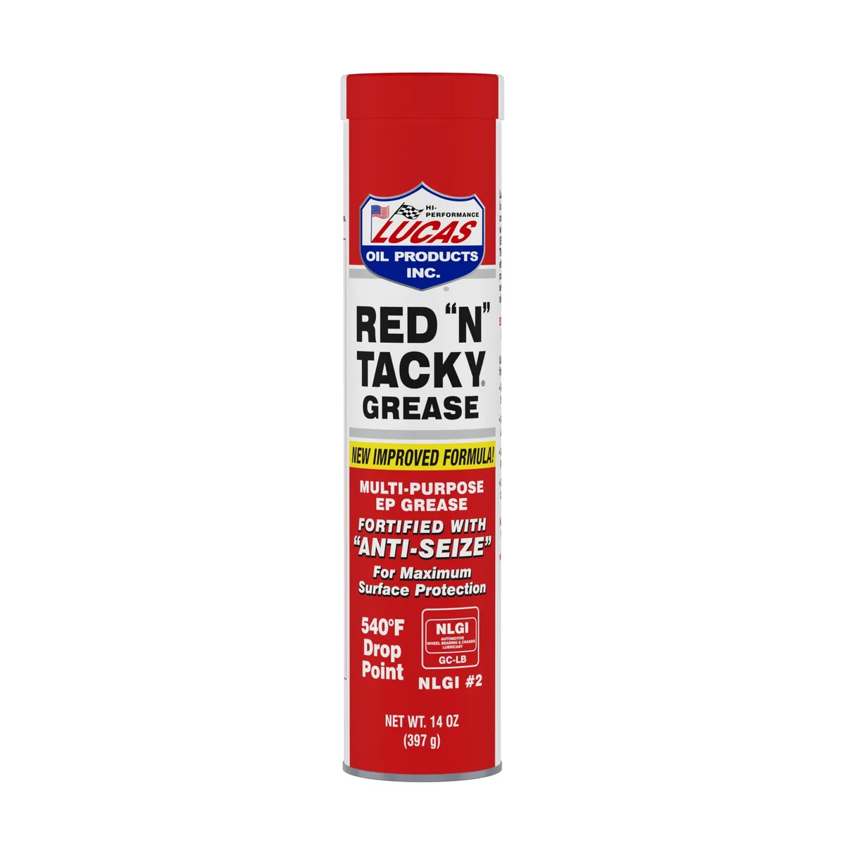 Red 14 oz grease cartridge, cylindrical silver can with red label, 2.2 in diameter by 9.312 in tall