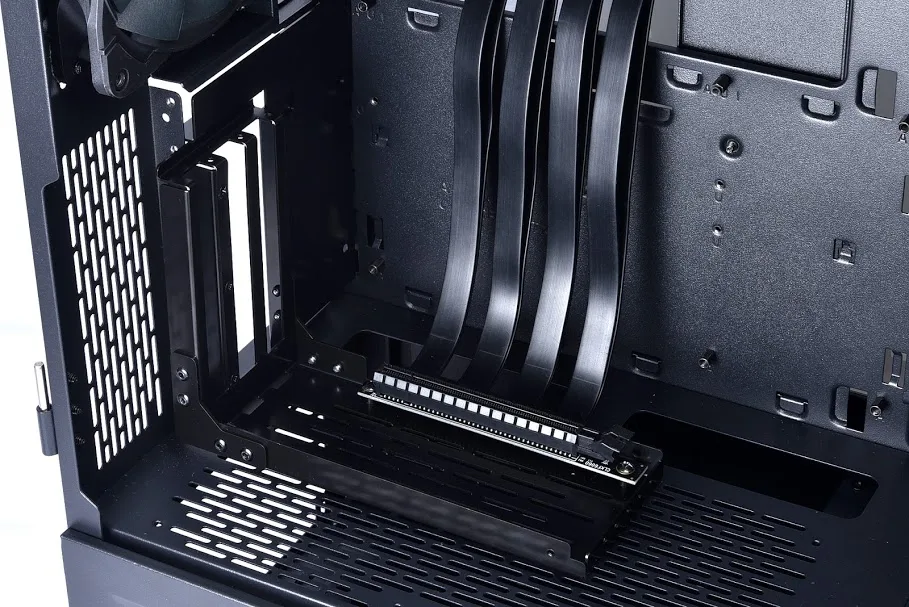 Black PCIe 3.0 riser cable with vertical GPU bracket for Lancool II case