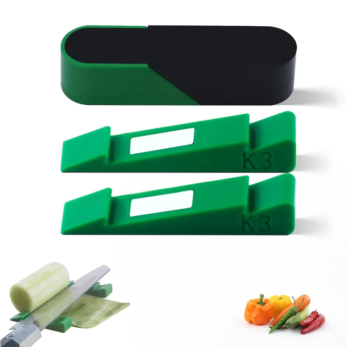 Green plastic vegetable slicer with stainless steel blade, 3.43 x 0.87 x 0.79 inches
