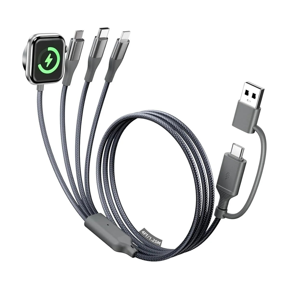 Grey braided 4ft cable with USB-C, USB-A, Micro-USB and magnetic watch connectors