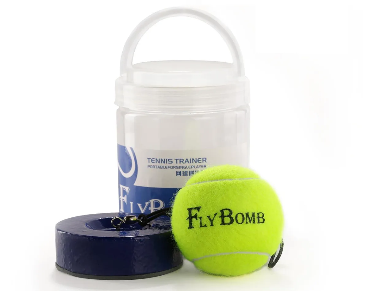 Black tennis trainer with retractable string and heavy iron base