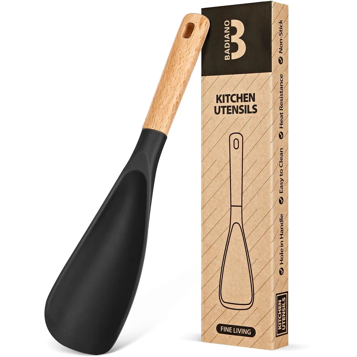 Black matte silicone spoon with wooden handle, 11.4 inch long, integrated tool rest