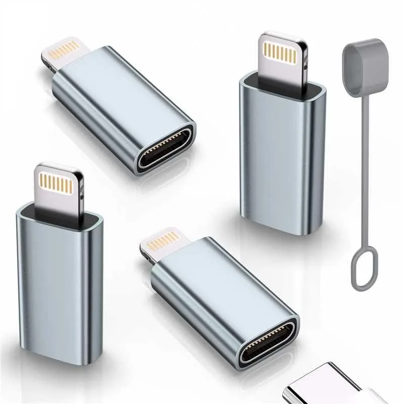 Four gray USB-C to Lightning adapters side by side