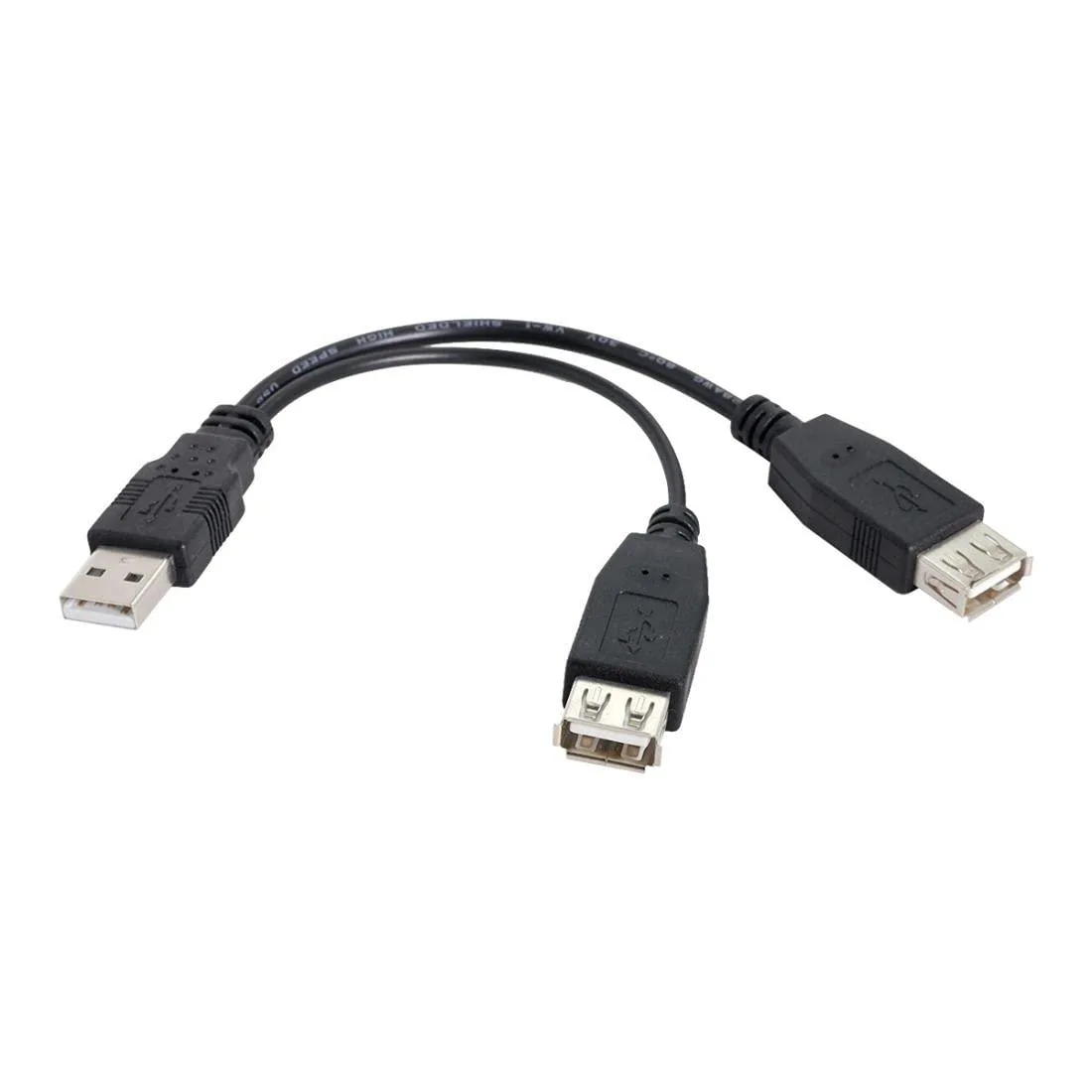 Short black USB 2.0 Y splitter cable with one male and two female Type A connectors