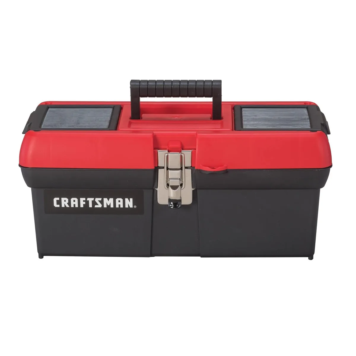Red and black 16-inch Craftsman tool box with comfort handle and metal latch