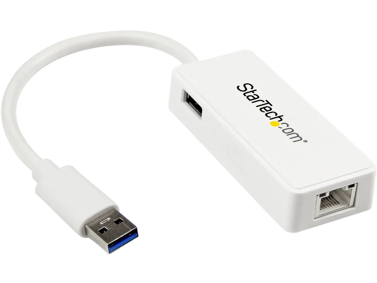STARTECH STARTECH USB31000SPTW USB 3.0 Gigabit Ethernet Adapter network card with USB pass-through White — product photo