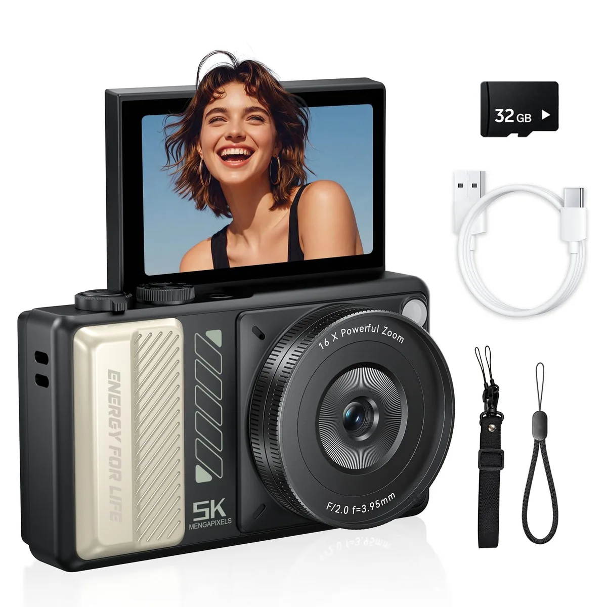  APPAPK DC CAM003-Black 80MP 5K 3" 180° Flip 16X Zoom 32GB Card Black — product photo