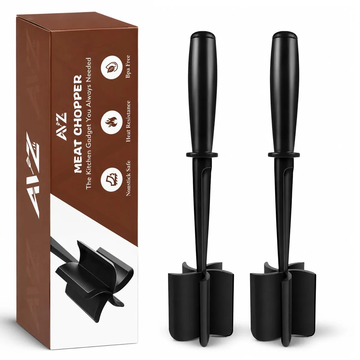 Two black nylon meat mashers with five-blade pinwheel heads and ergonomic handles
