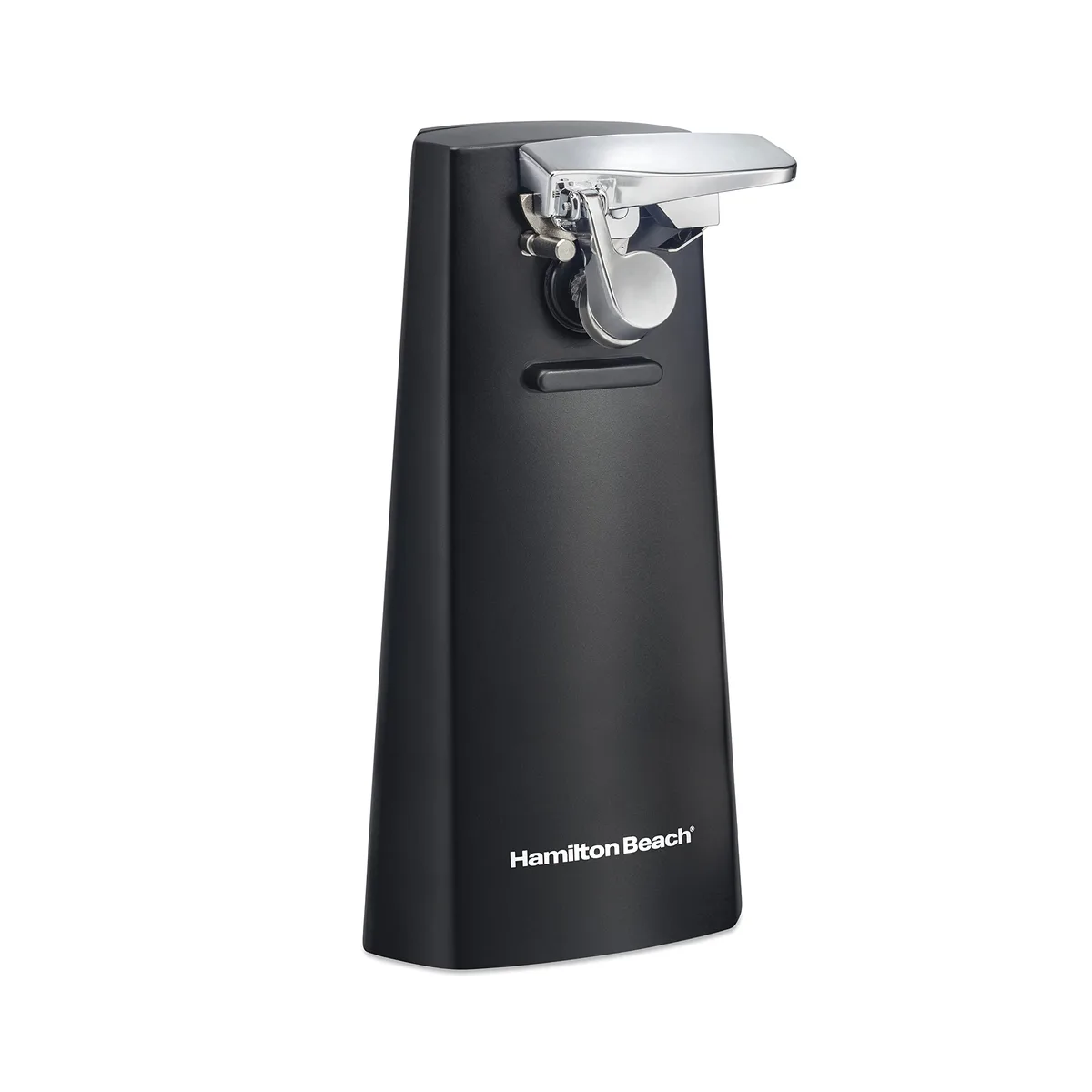 Tall white electric can opener with knife sharpener slot on side