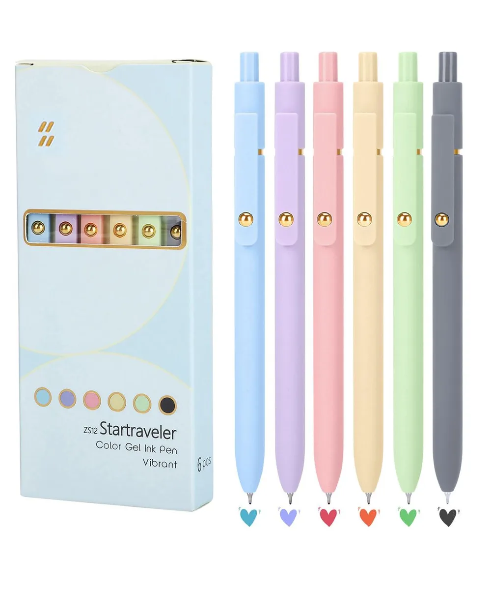 Six pastel retractable gel pens with clips lying side by side
