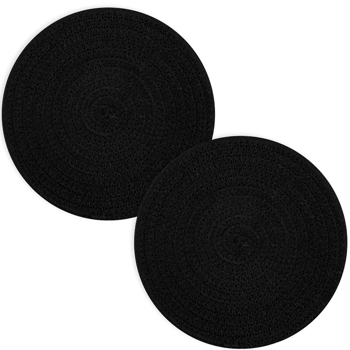 Two black woven cotton trivets, 8 inch round, .38 inch thick