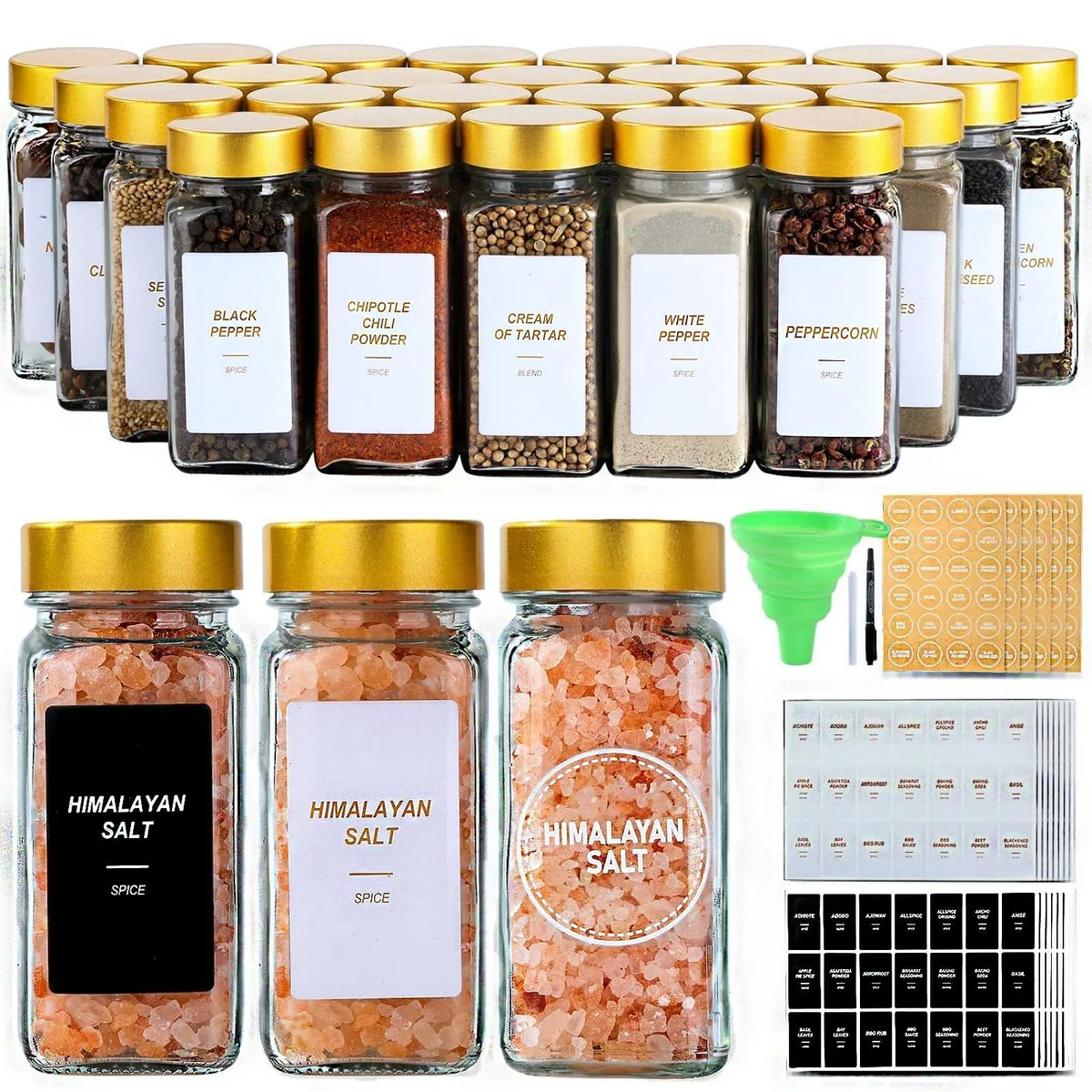 Twenty-four square glass spice jars with gold shaker lids, red silicone funnel, labels and marker
