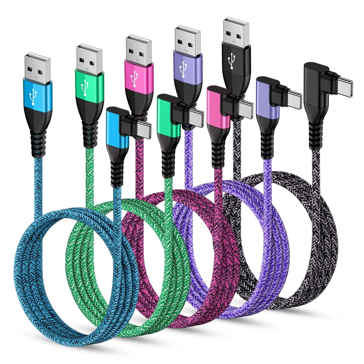 Five black braided USB-A to right-angle USB-C cables coiled together