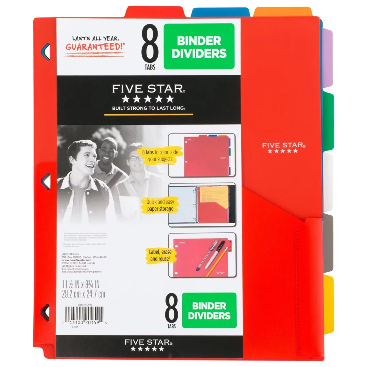 Eight assorted-color plastic binder dividers with horizontal pockets and wipe-clean tabs