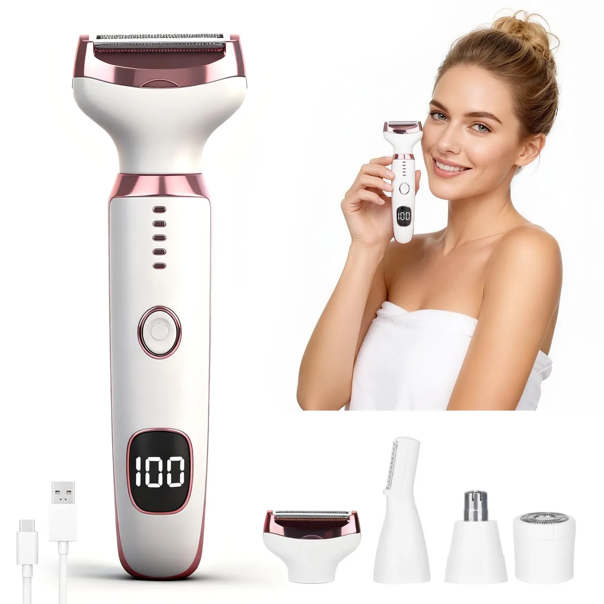Pink cordless foil shaver with LED display and four interchangeable heads