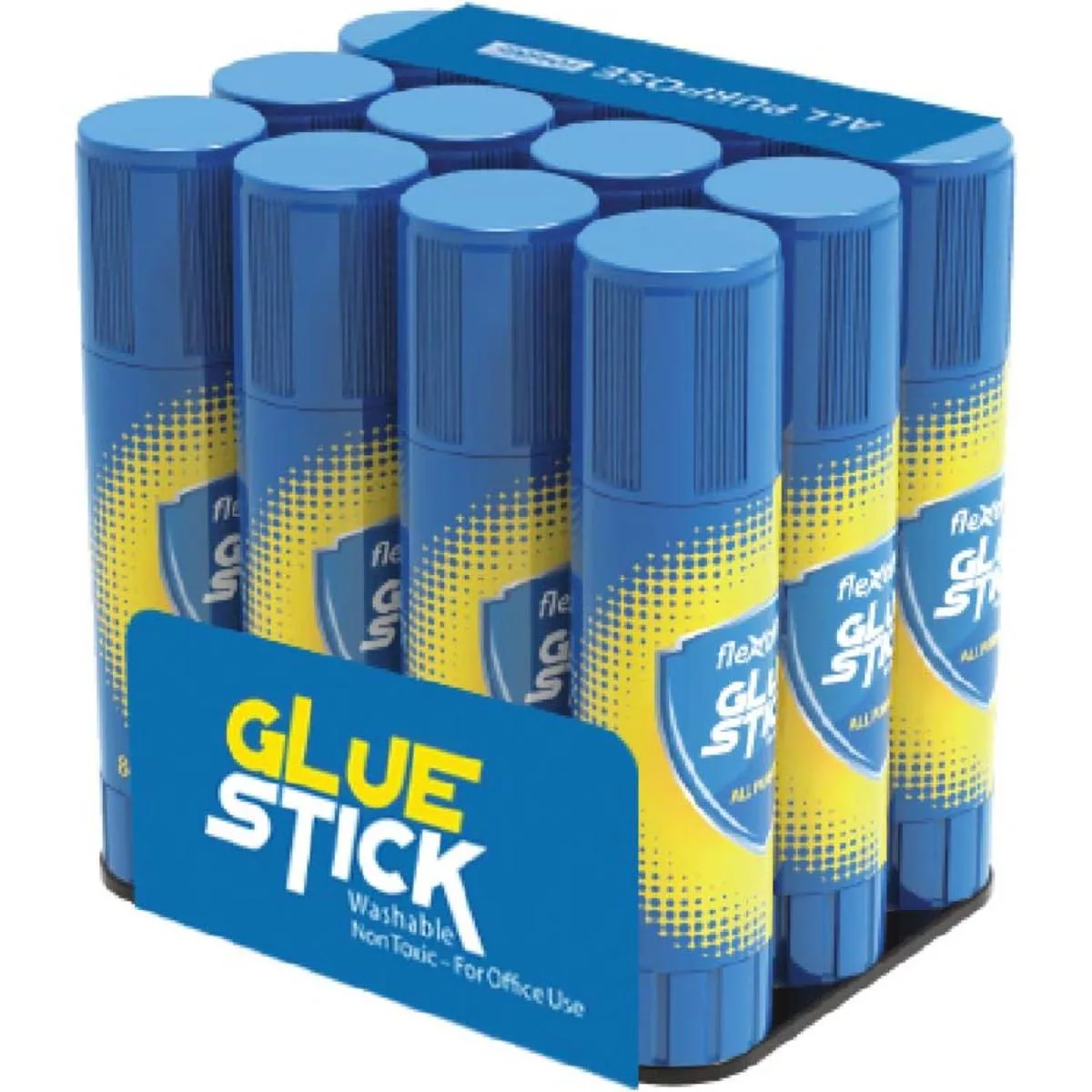 Twelve white glue sticks in a rectangular pack