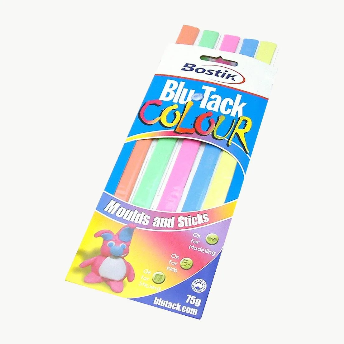Five coloured Blu-Tack strips in assorted orange green pink blue yellow 75g pack