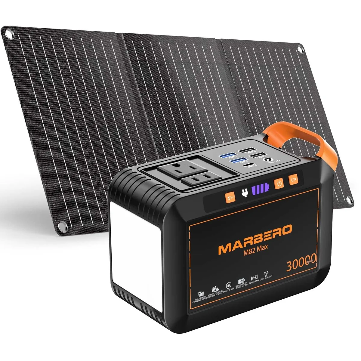 Red and black portable power station with foldable 30W solar panel, compact rectangular design