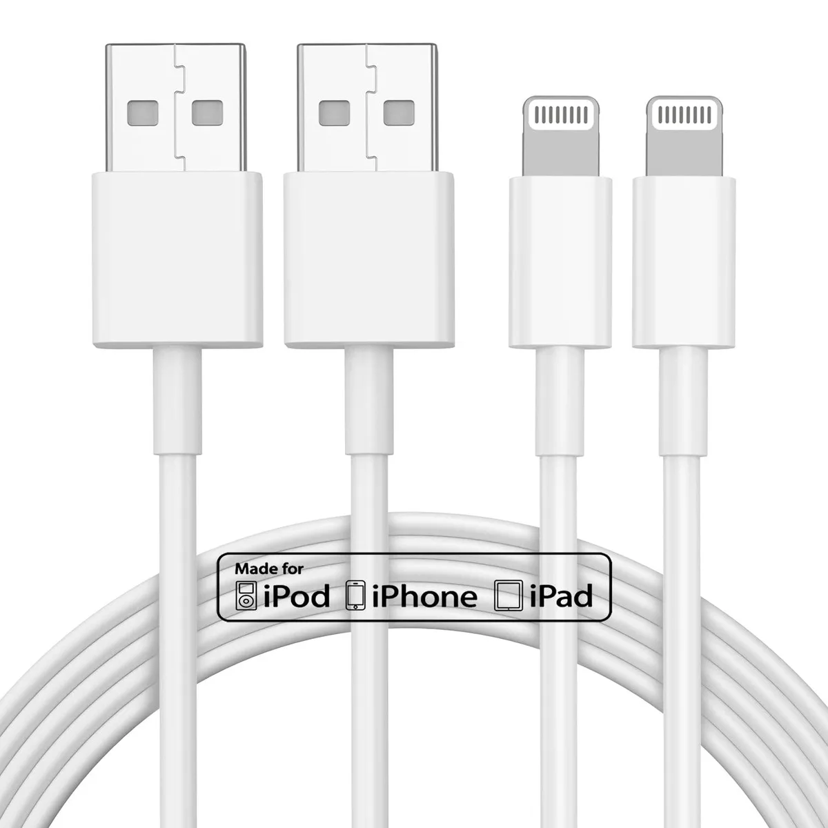 Two white Lightning to USB-A cables, each ten feet long, coiled together