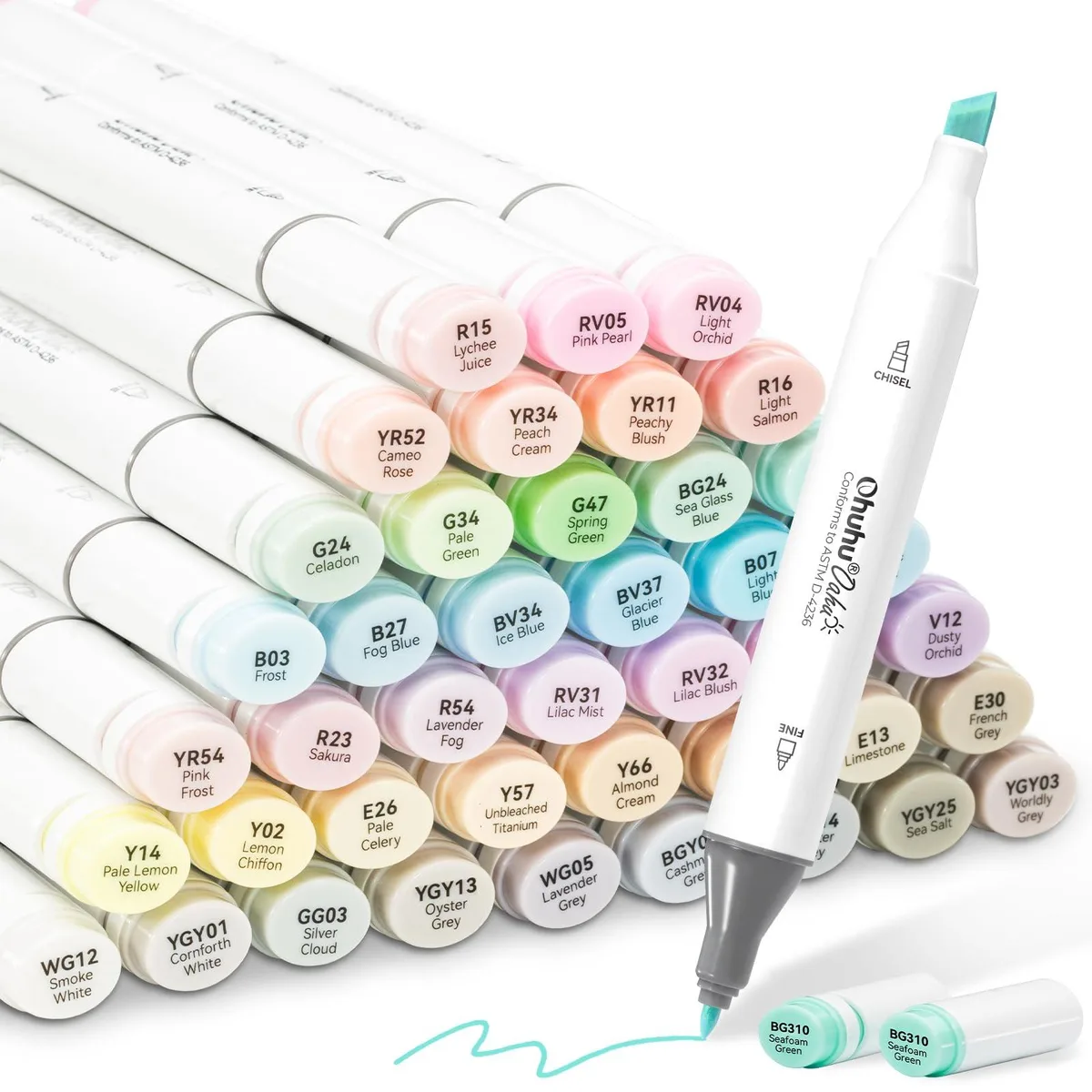 A boxed set of 48 pastel alcohol markers with chisel and fine dual tips, plus a colourless blender
