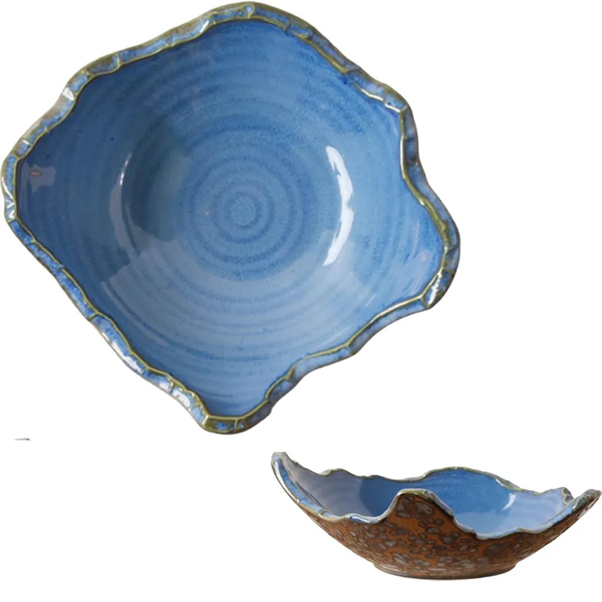 Small ceramic bowl with irregular rim and reactive glaze in brown and red