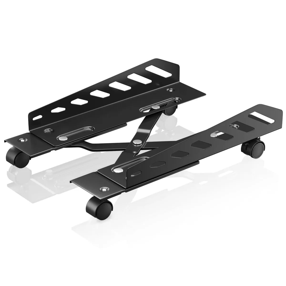Black steel adjustable CPU stand with four caster wheels, two locking