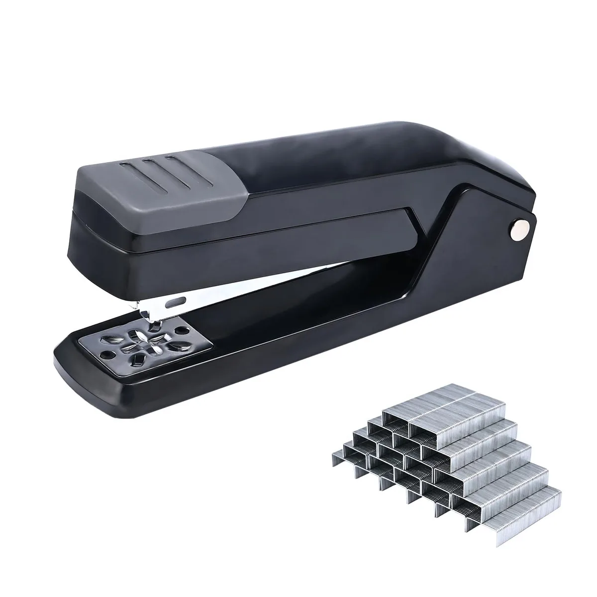 Black swing-arm stapler with 360-degree rotating head and non-slip base