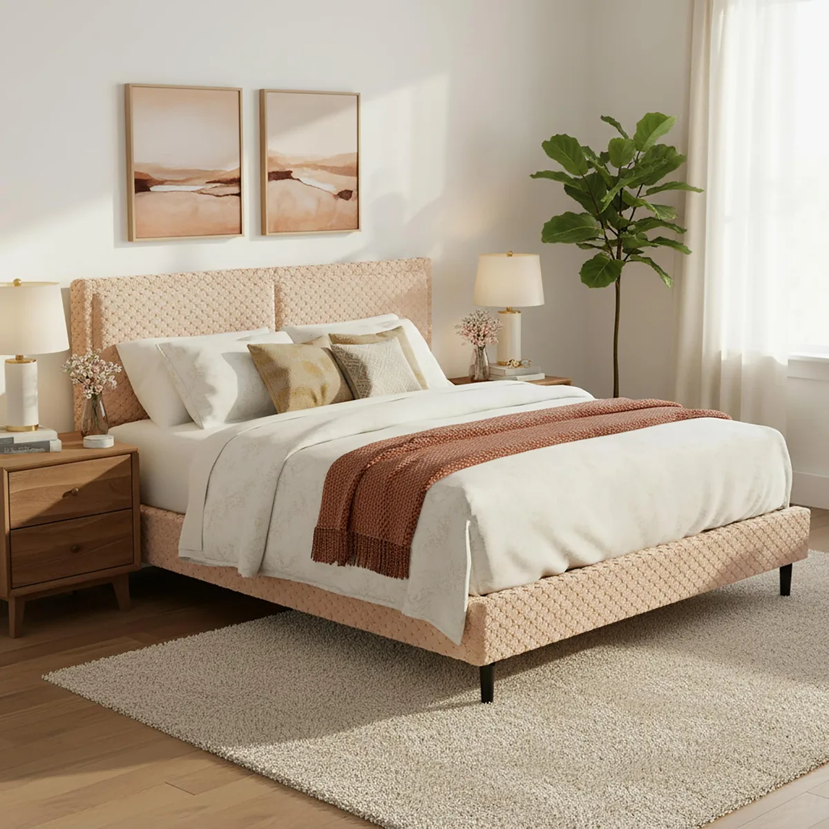 King-size camel plush-upholstered bed with padded headboard, rounded edges, wood frame