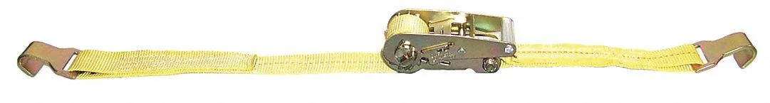 Yellow polyester ratchet strap with flat steel hook, 2 inch wide, 30 foot length