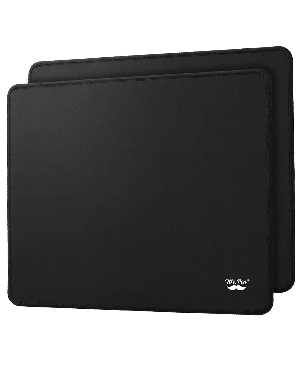 Two black rectangular cloth mouse pads with rubber bases, each 12.5 by 10.5 inches