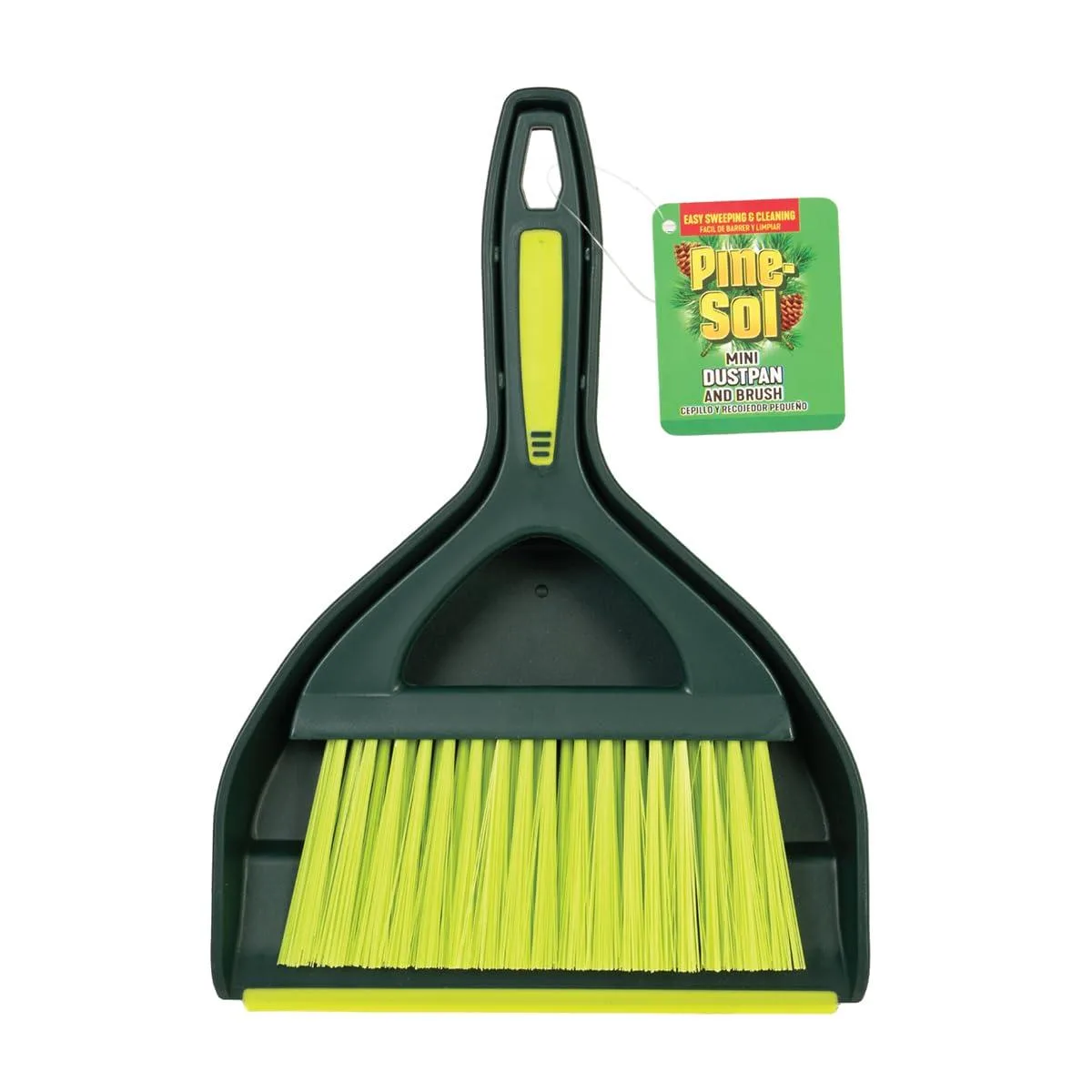 Green mini dustpan with snap-on hand brush, compact nesting design, built-in hanging loop