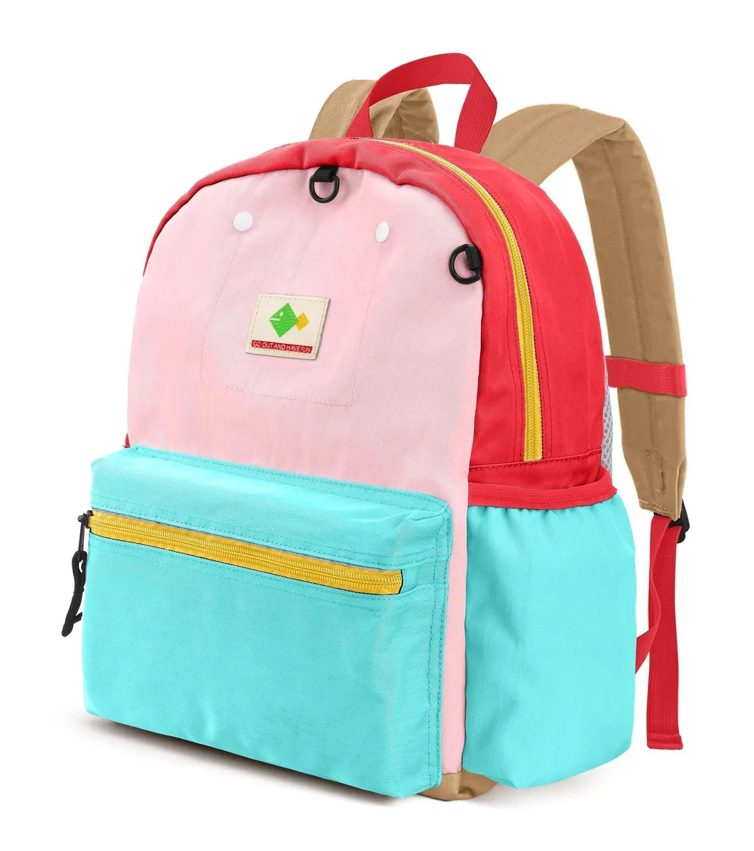 Small pink nylon daypack backpack with zipper front pocket and adjustable straps, 11.6 inches high