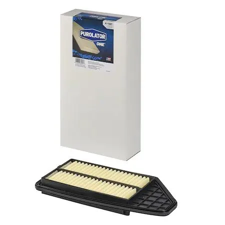 White rectangular air filter with pleated paper media and orange sealing gasket