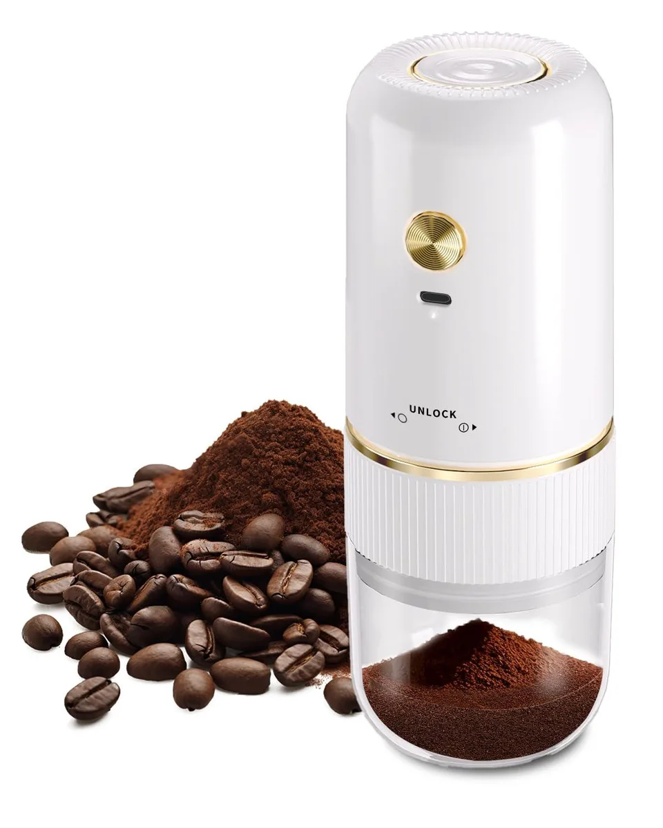 Portable Electric Coffee Grinder Automatic USB Type-C Wireless Charging Adjustable Coarse Fine Silver — product photo