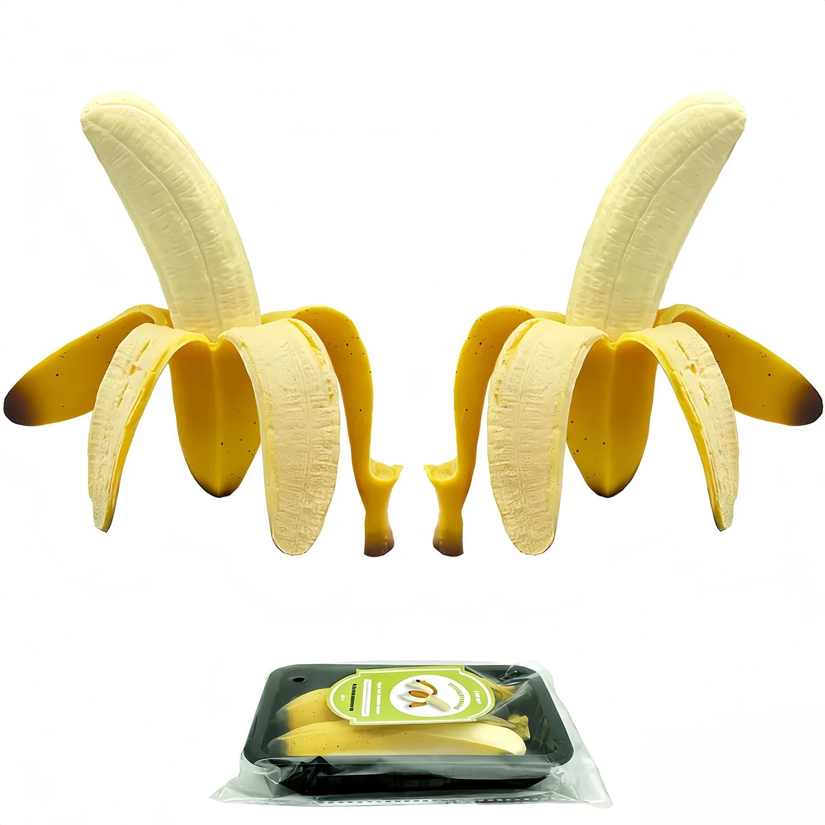 A soft yellow banana-shaped squishy toy with realistic texture