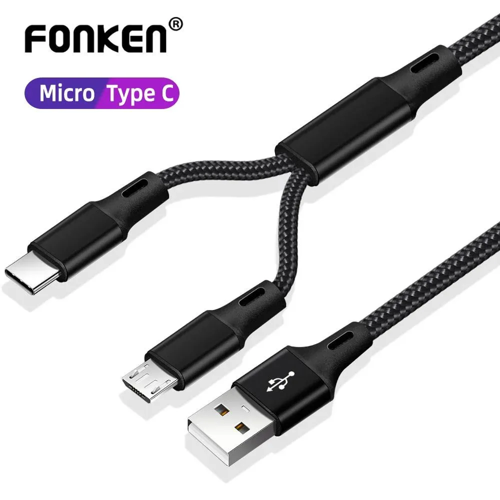 Nylon-braided 1.2m cable with Micro USB and USB-C connectors on one end, USB-A on the other
