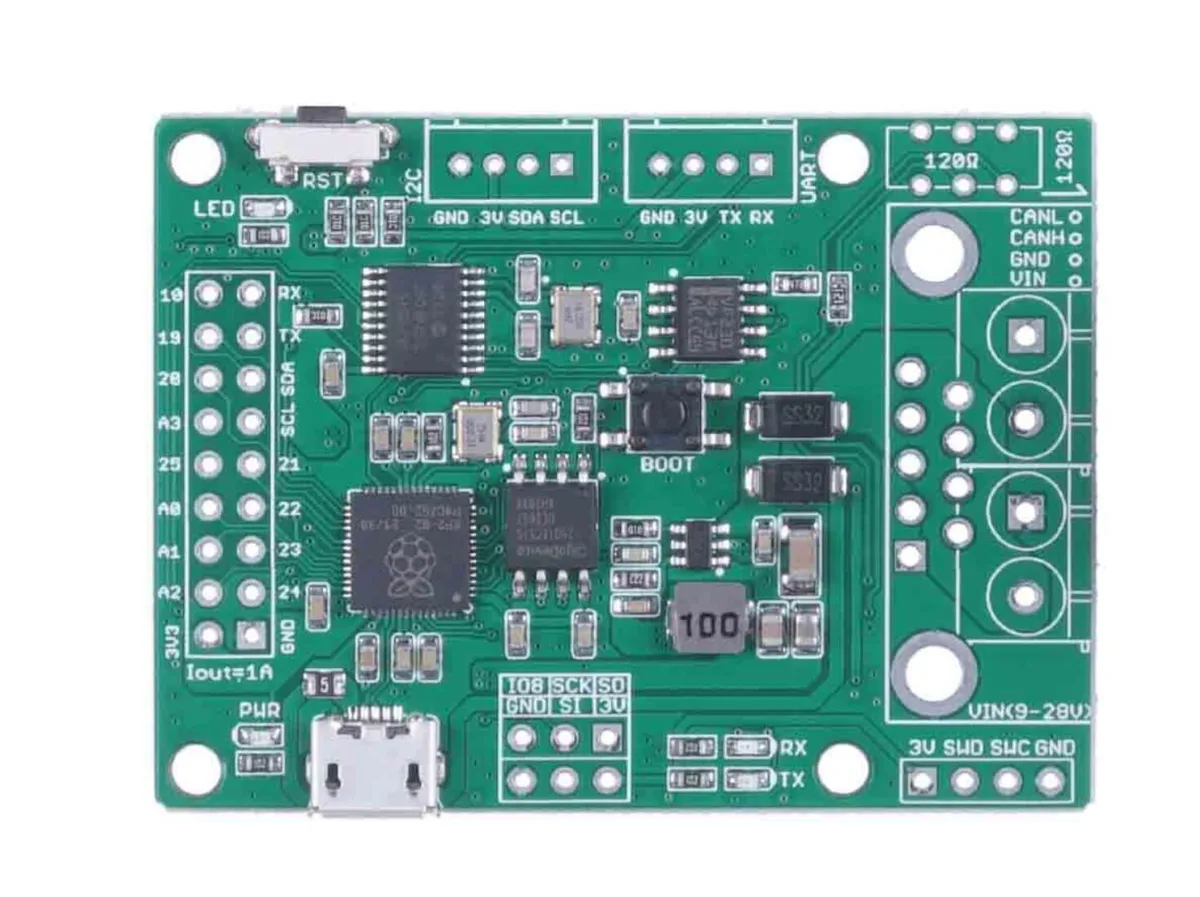 Green rectangular PCB with RP2040 chip, DB9 and terminal connectors, micro USB, pin headers