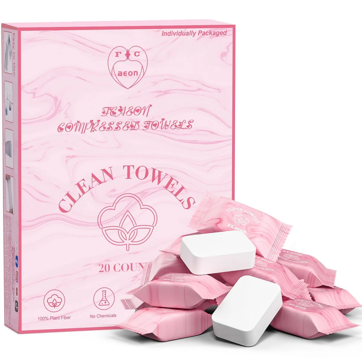 Twenty white compressed towel tablets in individual wrappers