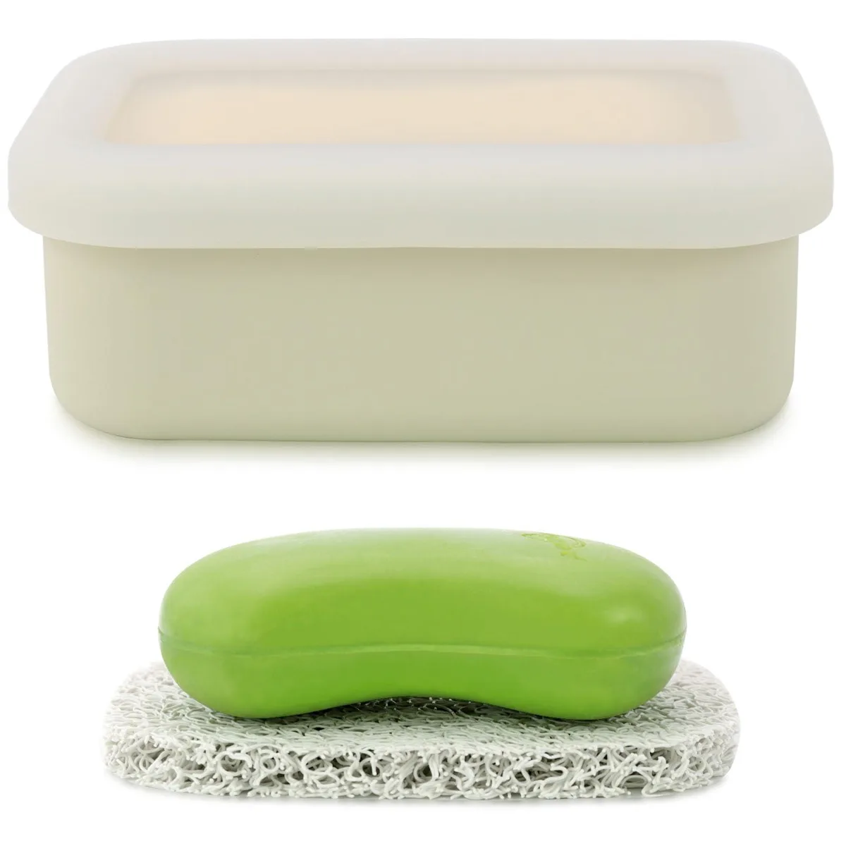 Off-white rectangular silicone soap case with translucent lid, 4.7 by 3.3 by 1.7 inches
