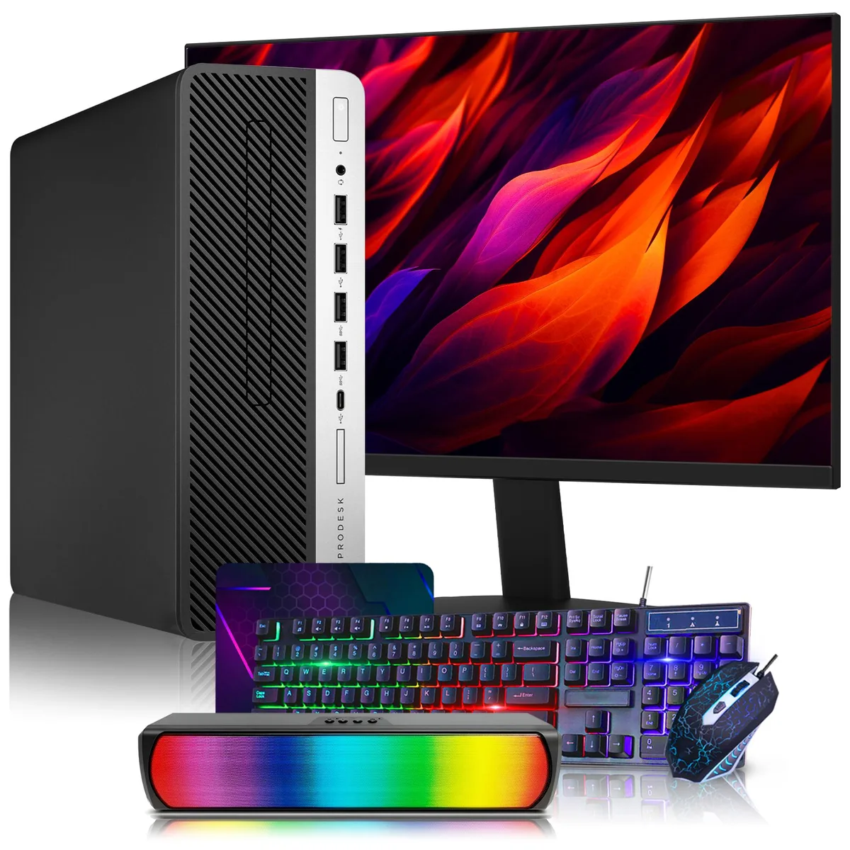 HP HP ProDesk 600 G4 SFF i5-8500 16GB 256GB 24" Monitor RGB Sound Bar desktop PC — product photo