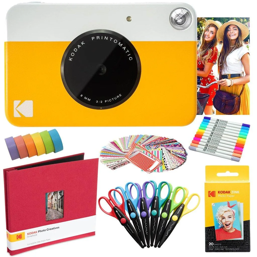Kodak Kodak Printomatic Instant Camera Yellow Art Bundle 20 Sheets 12 Markers 100 Stickers 6 Scissors Washi Tape — product photo