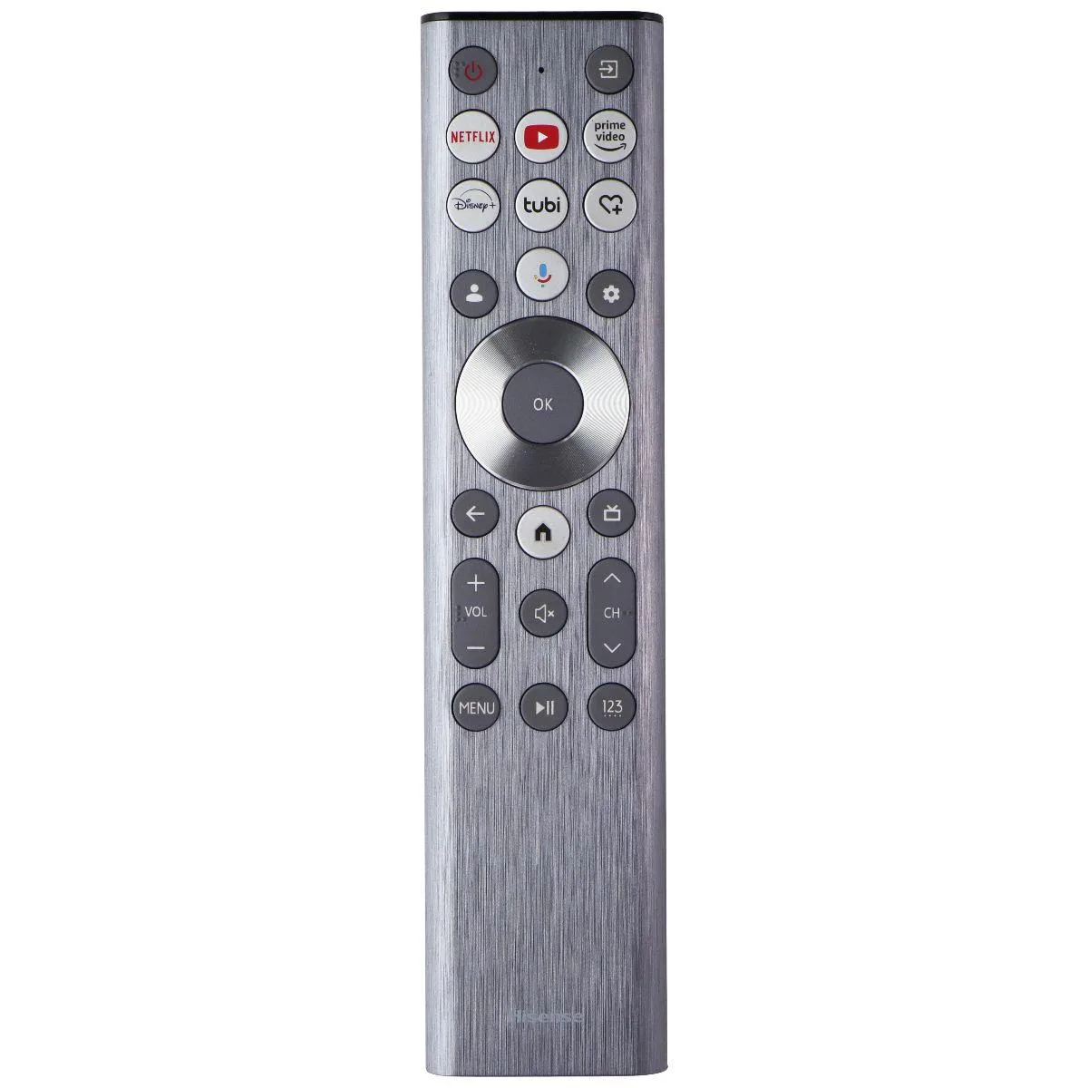 Silver Hisense remote with dedicated streaming buttons and voice microphone